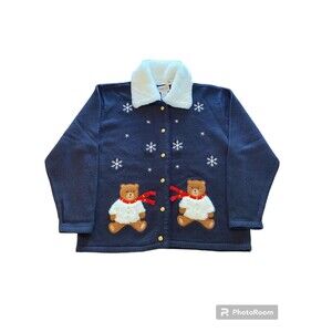 Crystal Kobe Button Down Navy Cardigan Sweater Furry Bears Removable Collar - M